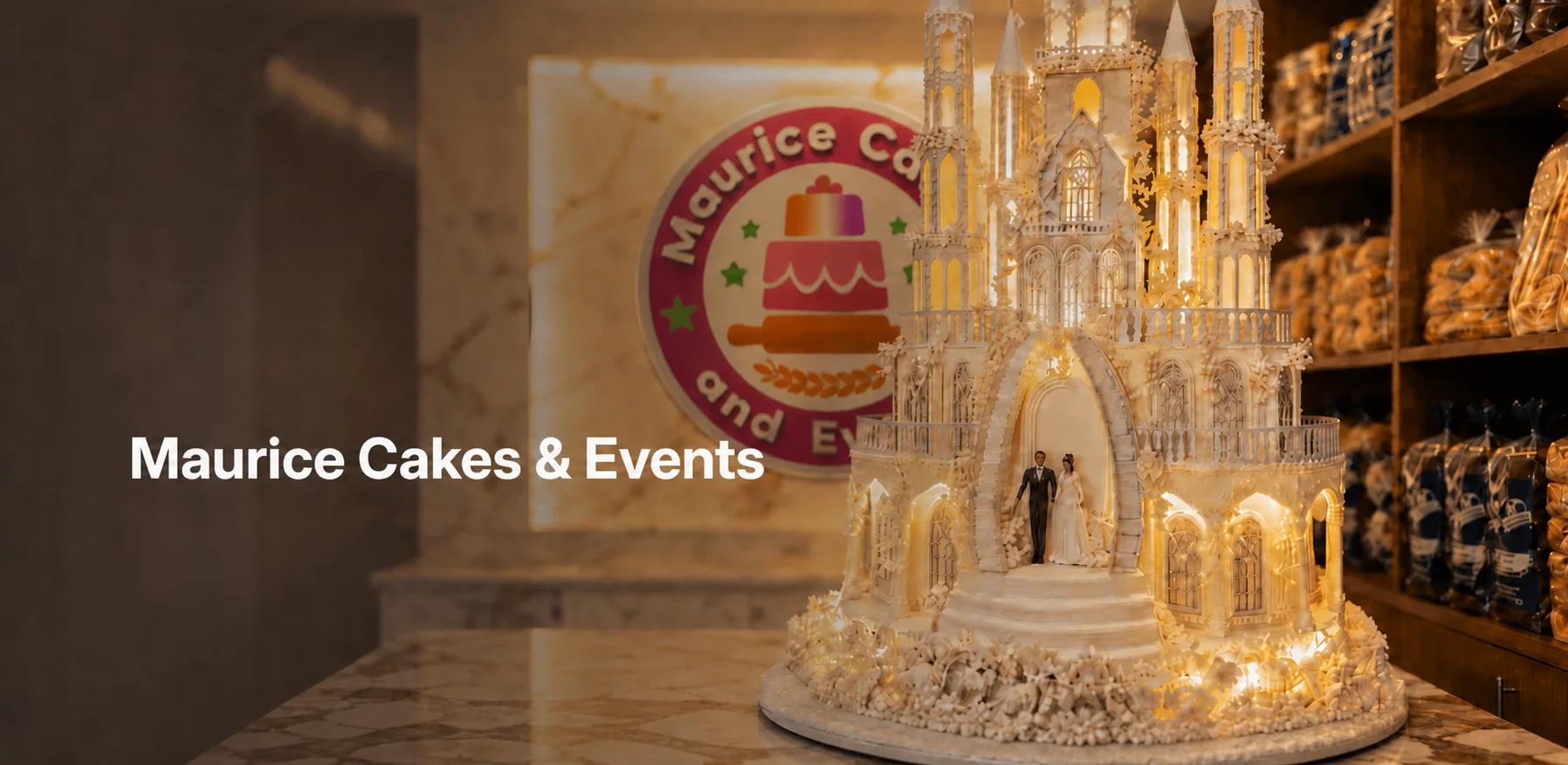Maurice Cakes and Events storefront featuring an elaborate wedding cake